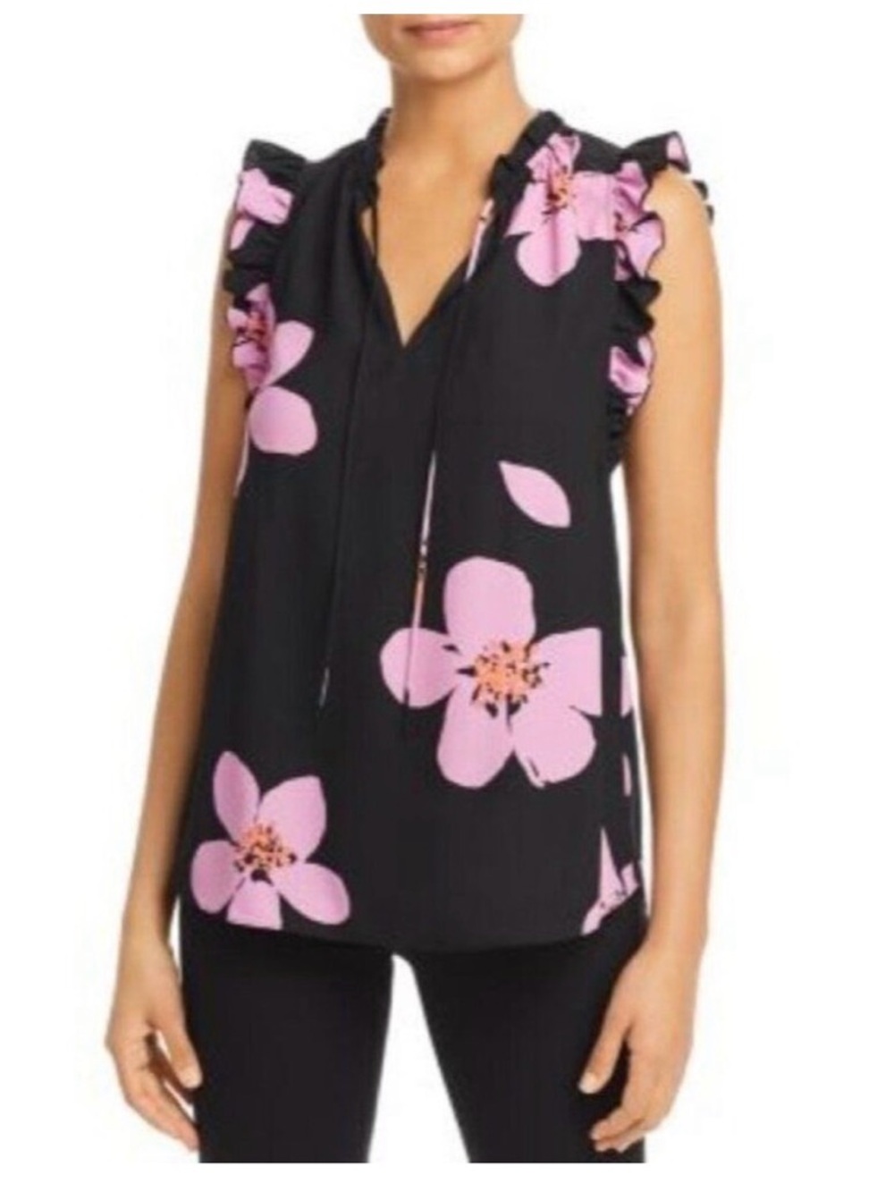 kate spade NY Black top with Pink purple Floral and ruffle sleeves Tie Neck